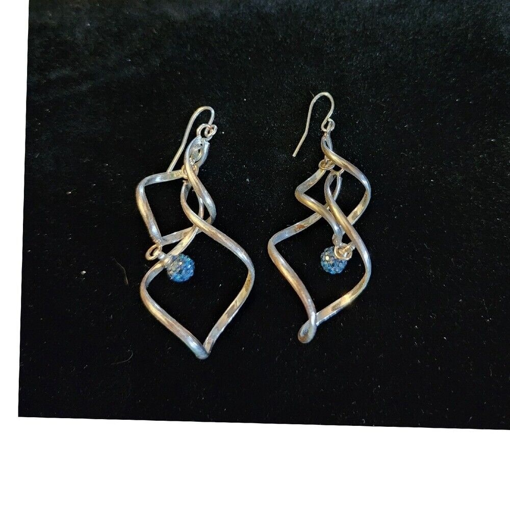Kati Bruck‎ Earrings Silver Dangle Drop Blue Bead Statement Jewelry